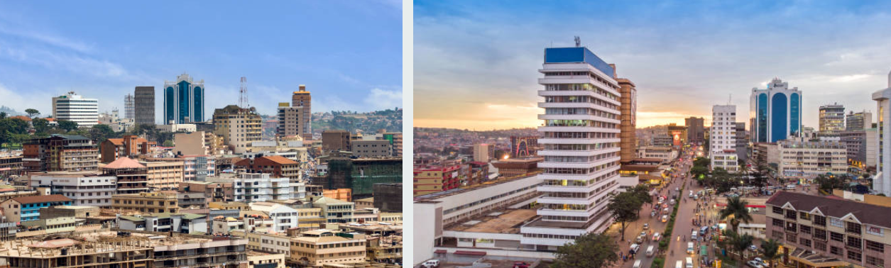 unset over Kampala City Uganda with bustling streets and iconic landmarks