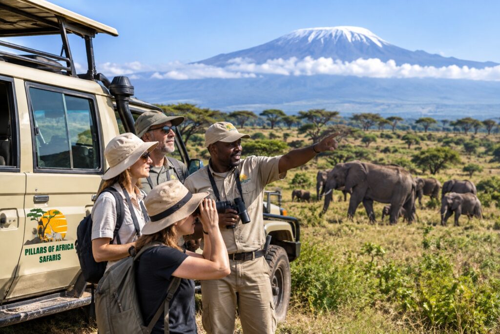 Pillars of Africa Safaris guests enjoying wildlife viewing during a Tanzania culture wildlife and Zanzibar journey