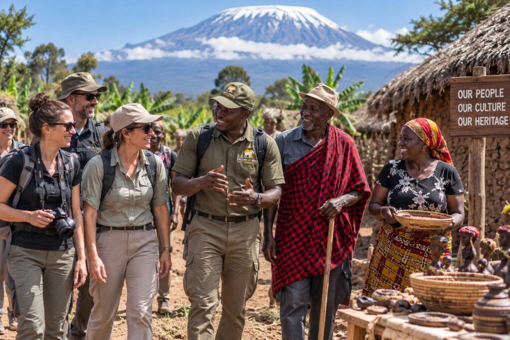 Pillars of Africa Safaris guests enjoying a Kilimanjaro foothills cultural tour with local communities in Tanzania