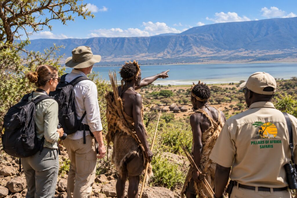 Pillars of Africa Safaris guests visiting Lake Eyasi with local guides during a Tanzania cultural journey