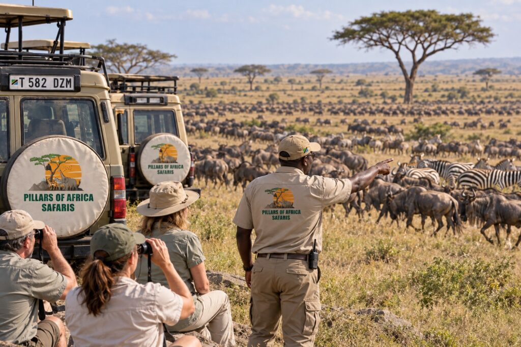 Pillars of Africa Safaris group watching the great migration in Tanzania with their safari guide