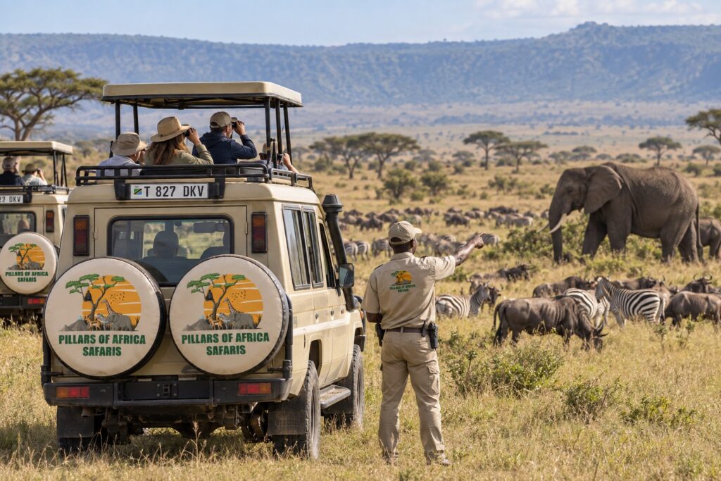 Pillars of Africa Safaris group enjoying a Serengeti and Ngorongoro safari with wildlife viewing in Tanzania