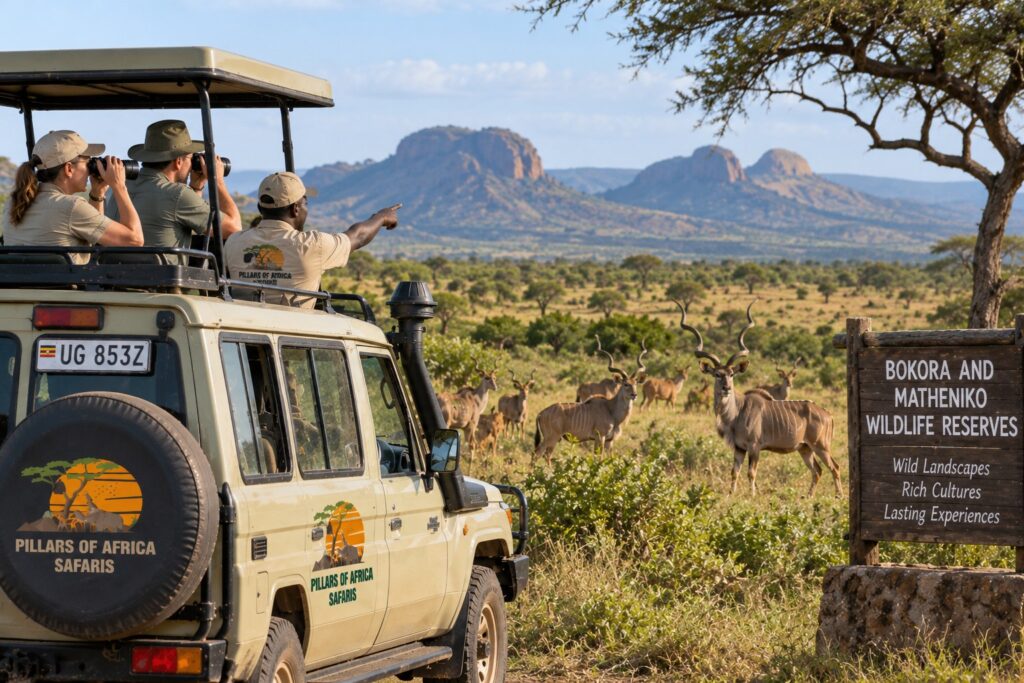 Pillars of Africa Safaris guests viewing wildlife in Bokora and Matheniko Wildlife Reserves in northeastern Uganda