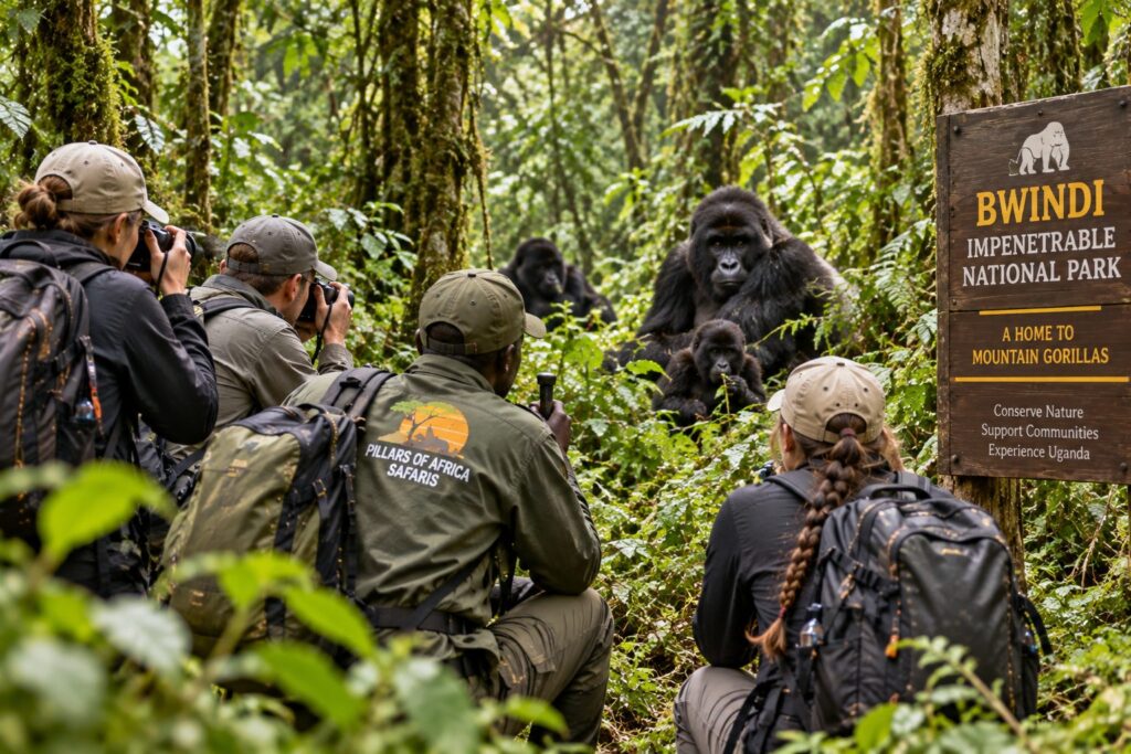 Pillars of Africa Safaris group observing mountain gorillas in Bwindi Impenetrable National Park, Uganda