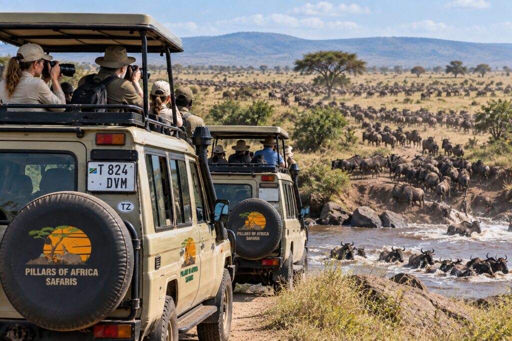 Pillars of Africa Safaris group watching the Great Migration river crossing during a Tanzania safari