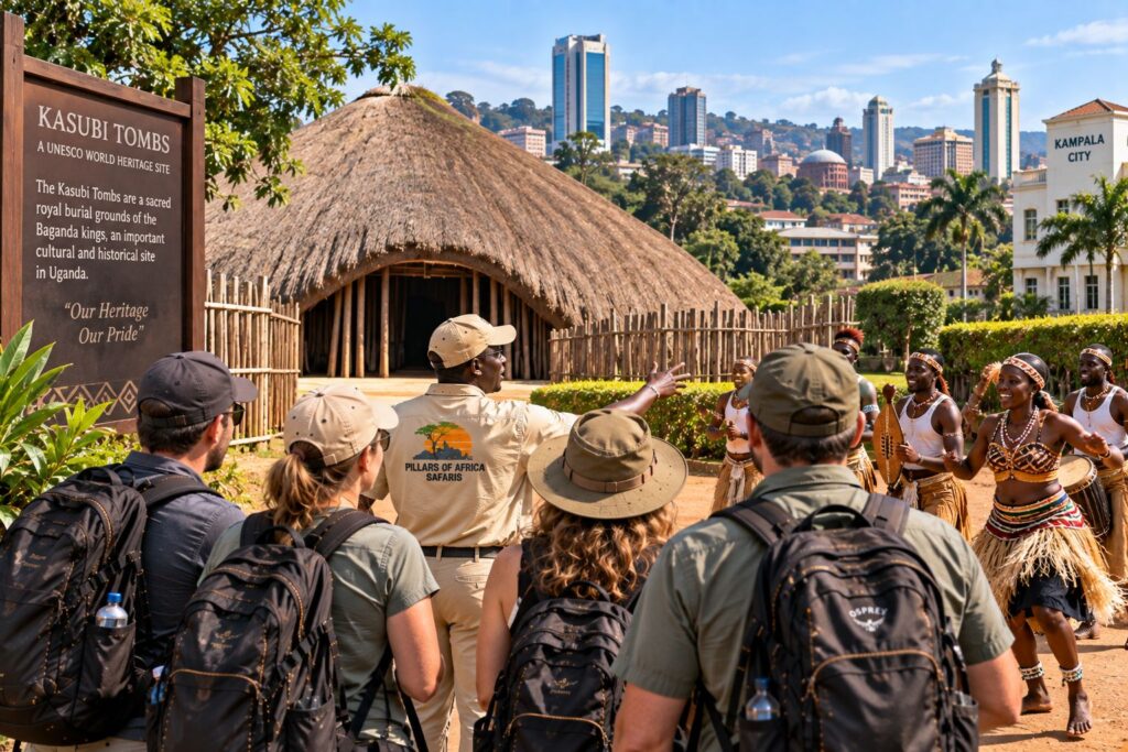 Pillars of Africa Safaris group exploring Kampala cultural heritage at the Kasubi Tombs in Uganda