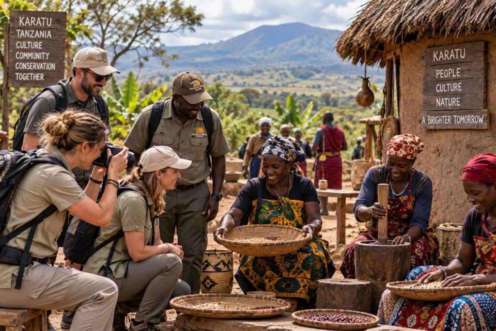 Pillars of Africa Safaris guests experiencing local culture and traditional food preparation in Karatu, Tanzania