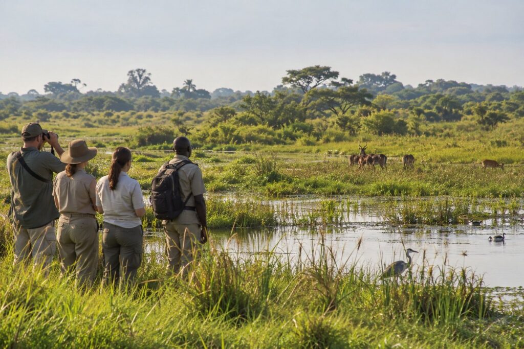 Safari group observing wetland wildlife and antelopes in Katonga Wildlife Reserve, Uganda
