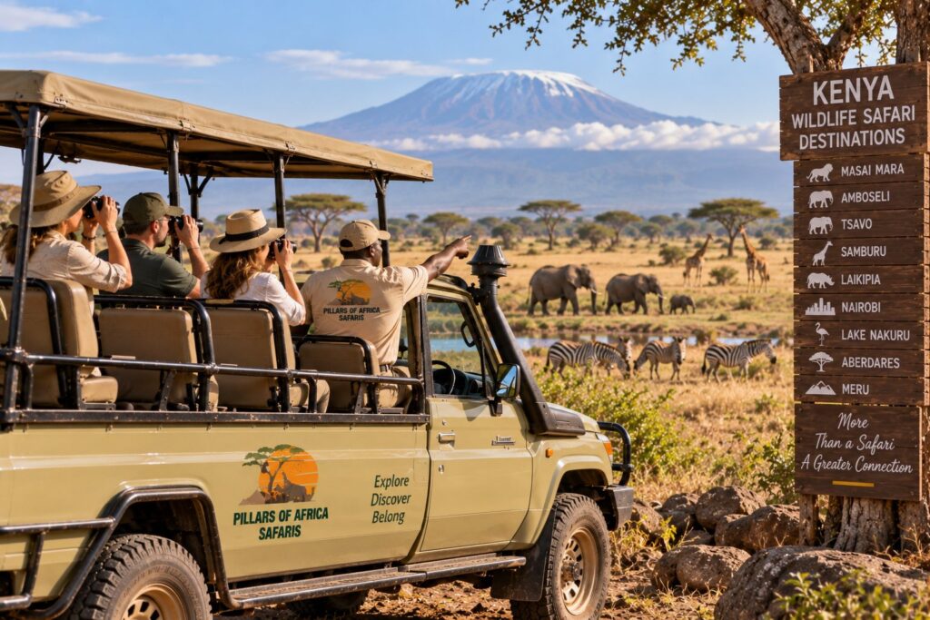 Pillars of Africa Safaris guests viewing elephants, giraffes and zebras during a Kenya wildlife safari