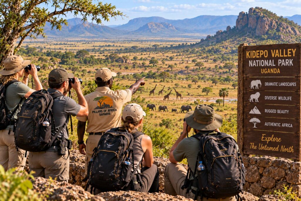Pillars of Africa Safaris group viewing wildlife across the rugged savannah of Kidepo Valley National Park, Uganda