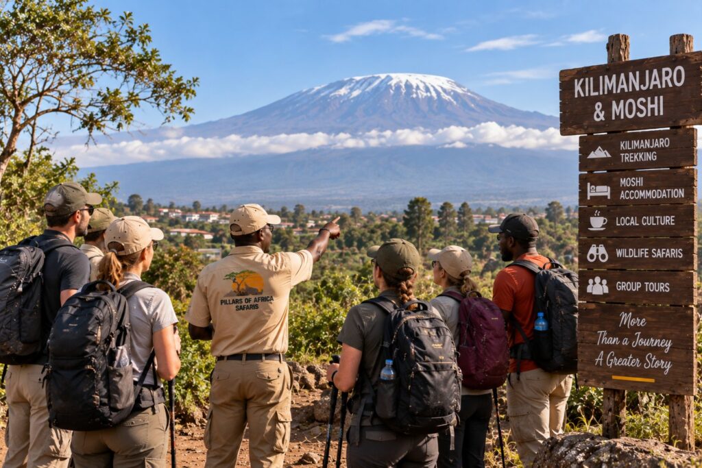 Pillars of Africa Safaris group overlooking Moshi and Mount Kilimanjaro with their local guide in Tanzania