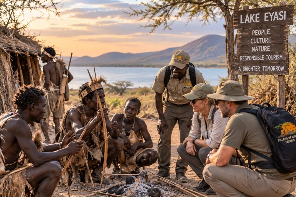 Pillars of Africa Safaris guests joining a respectful cultural visit with local communities at Lake Eyasi, Tanzania