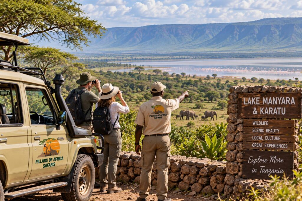 Pillars of Africa Safaris guests overlooking Lake Manyara with their guide during a Tanzania safari near Karatu