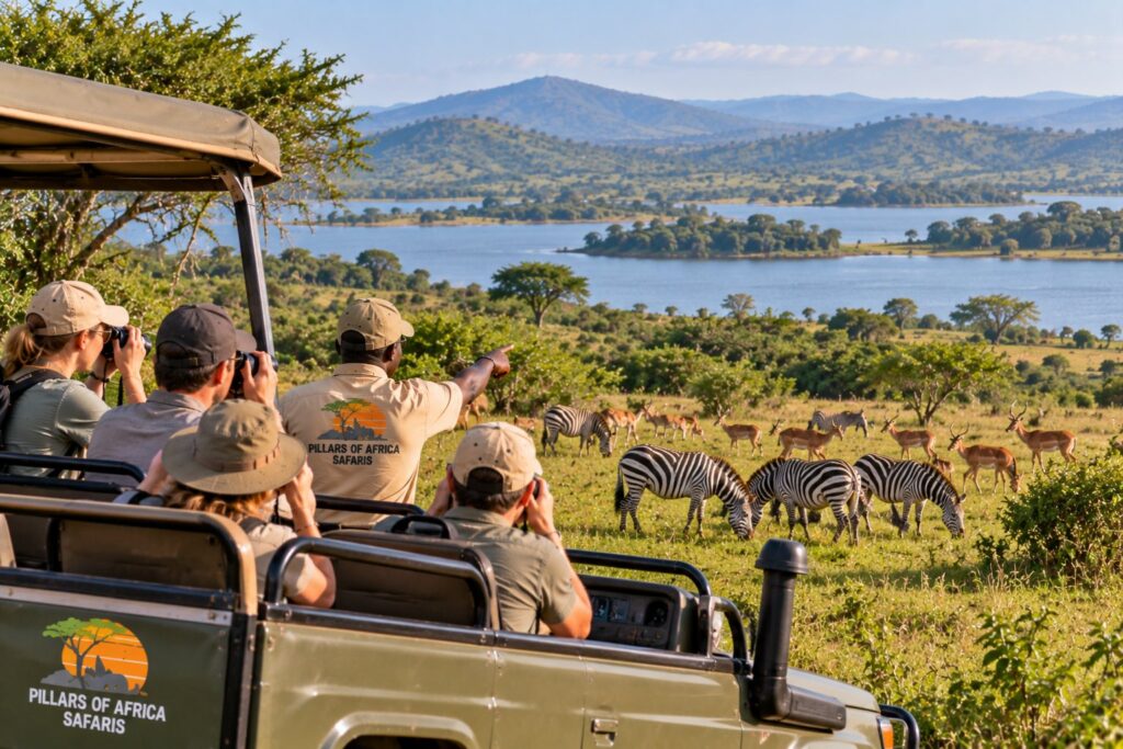 Pillars of Africa Safaris group viewing zebras and antelopes in Lake Mburo National Park, Uganda