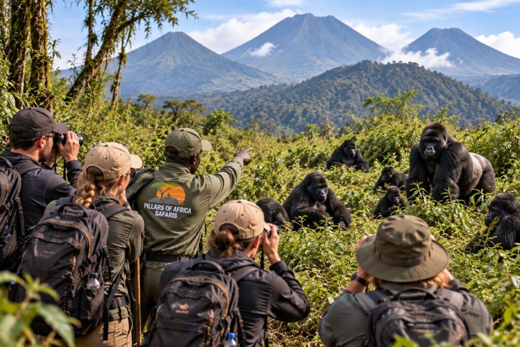 Pillars of Africa Safaris group observing mountain gorillas in Mgahinga Gorilla National Park, Uganda