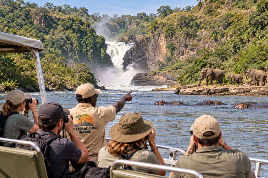Pillars of Africa Safaris group viewing Murchison Falls, hippos and elephants during a Uganda safari