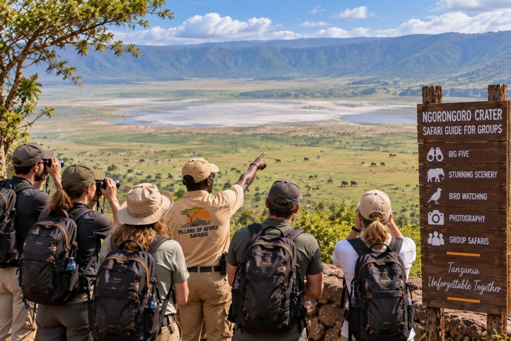 Pillars of Africa Safaris group overlooking Ngorongoro Crater with their guide during a Tanzania safari