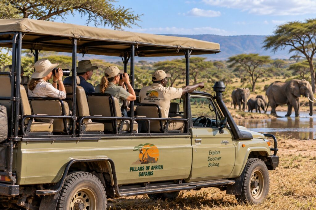 Pillars of Africa Safaris guests viewing elephants from an open-sided safari vehicle in East Africa