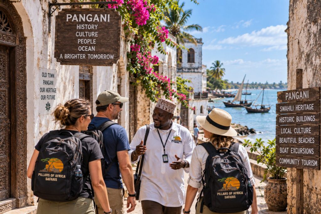 Pillars of Africa Safaris guests exploring Pangani coastal heritage and Swahili culture with a local guide in Tanzania