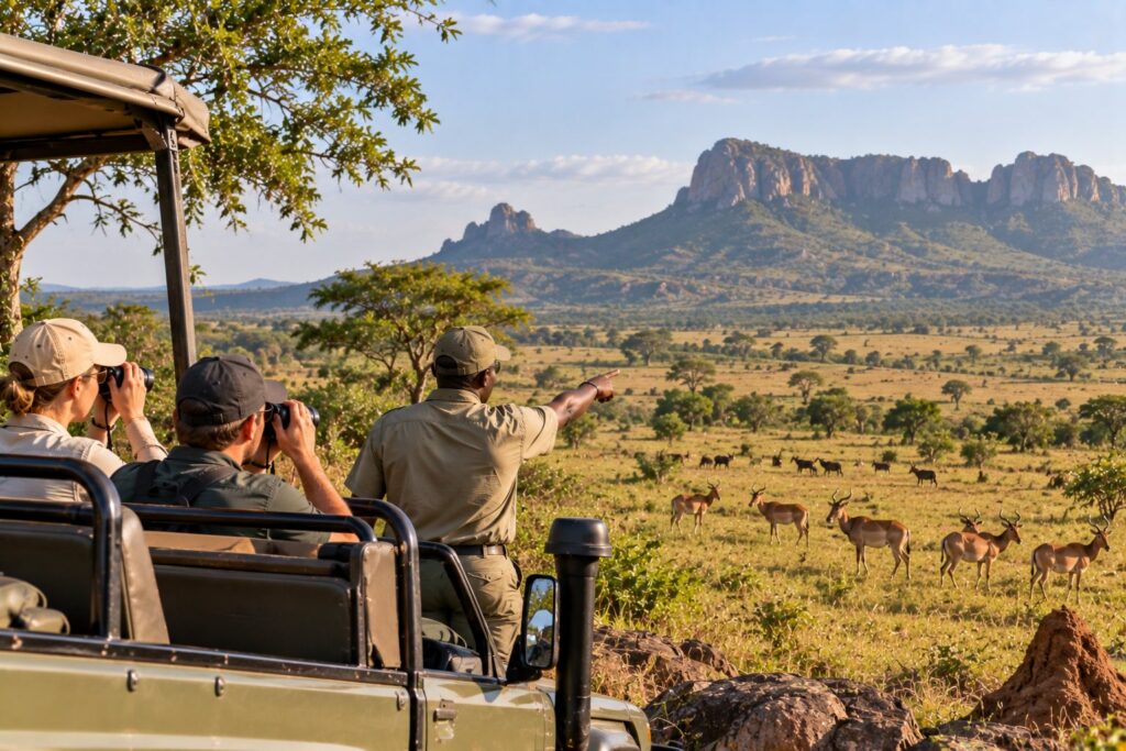 Safari group viewing antelopes across the open savannah of Pian Upe Wildlife Reserve in Uganda