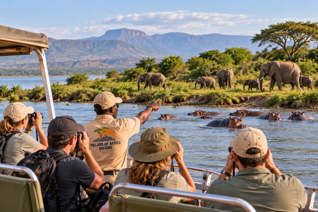 Pillars of Africa Safaris group viewing elephants and hippos in Queen Elizabeth National Park, Uganda