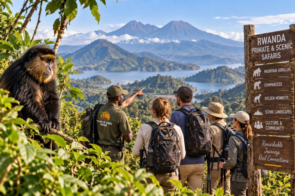Pillars of Africa Safaris group exploring Rwanda primates and scenic volcanic landscapes with a local guide