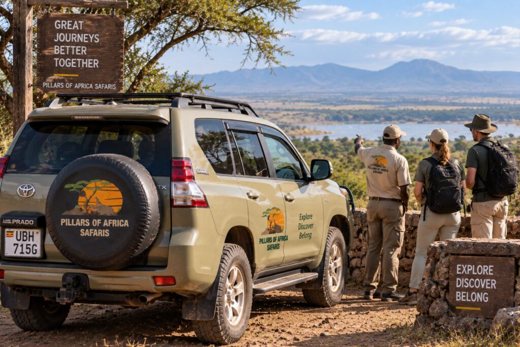 Pillars of Africa Safaris Land Cruiser Prado with guide and travellers overlooking an East African safari landscape