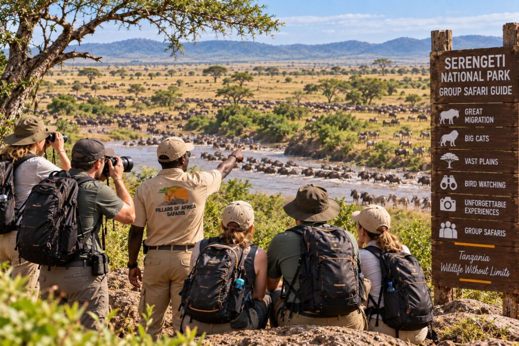 Pillars of Africa Safaris group watching the Great Migration in Serengeti National Park, Tanzania