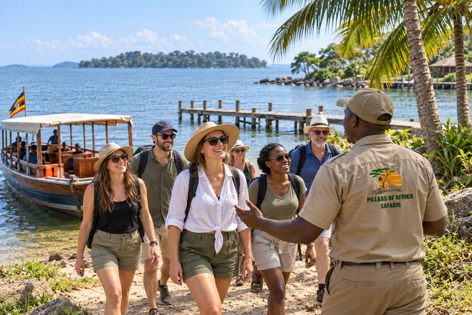 Pillars of Africa Safaris group arriving on the Ssese Islands near Kalangala on Lake Victoria, Uganda