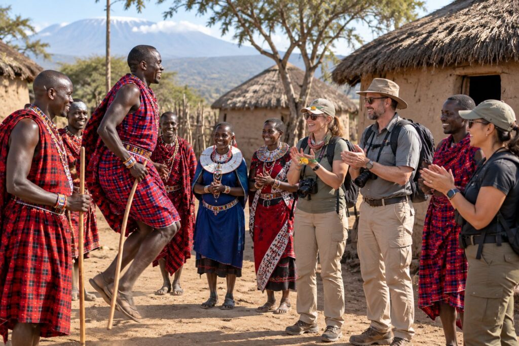 Pillars of Africa Safaris group travellers joining a Maasai cultural experience in Tanzania with their local guide