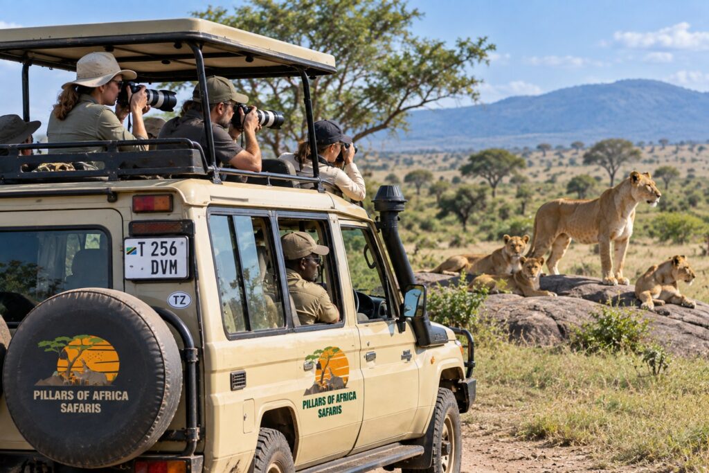 Pillars of Africa Safaris group watching lions during a Tanzania game drive in an open safari vehicle