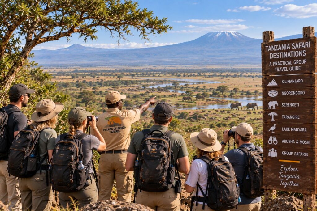 Pillars of Africa Safaris group exploring Tanzania safari destinations with their local guide