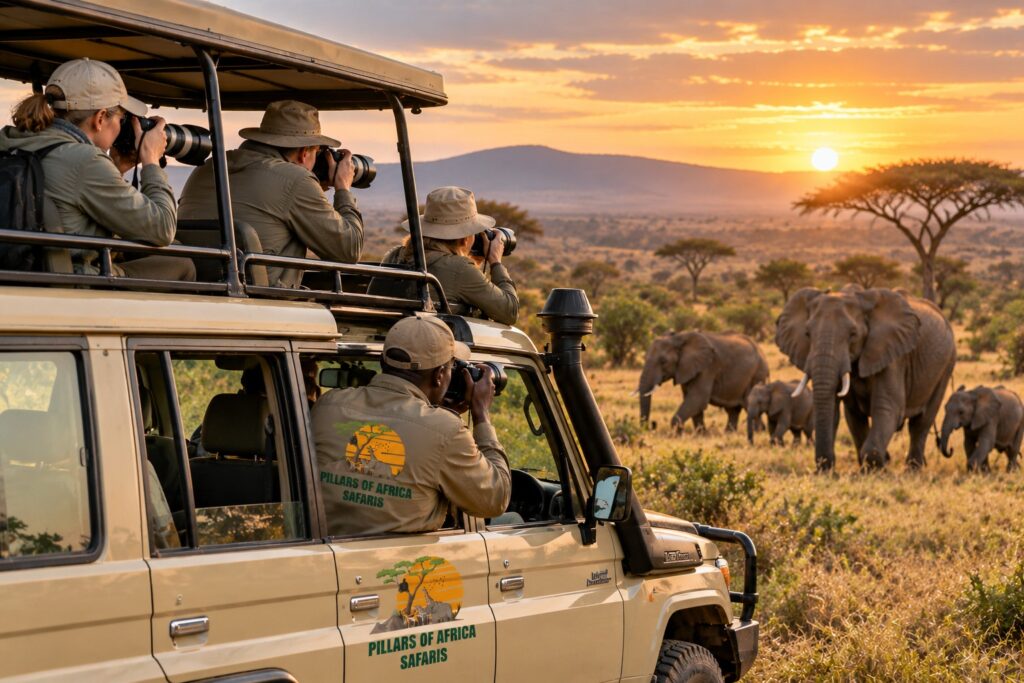 Pillars of Africa Safaris small group photographing elephants during a Tanzania wildlife safari