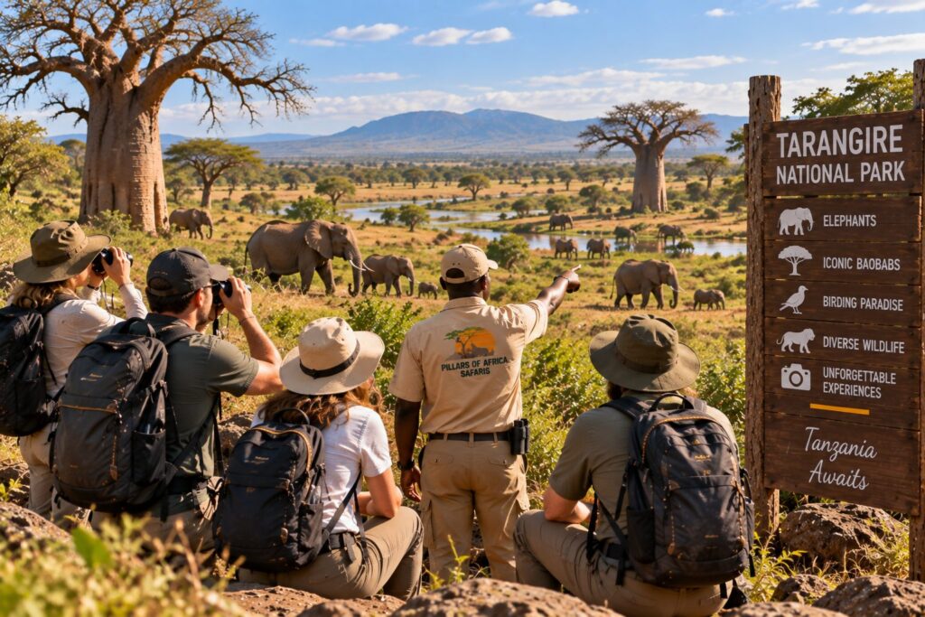 Pillars of Africa Safaris group viewing elephants and baobabs in Tarangire National Park, Tanzania