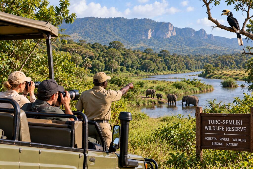 Pillars of Africa Safaris group viewing elephants and birdlife in Toro-Semliki Wildlife Reserve, Uganda