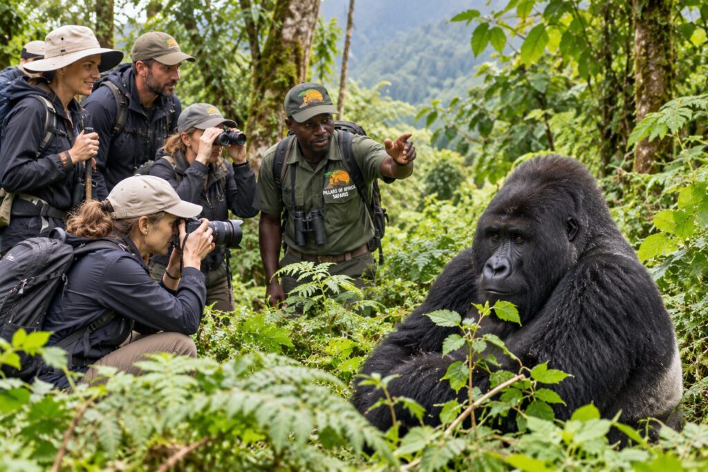 Pillars of Africa Safaris group trekking mountain gorillas in Bwindi forest during a Uganda wildlife safari