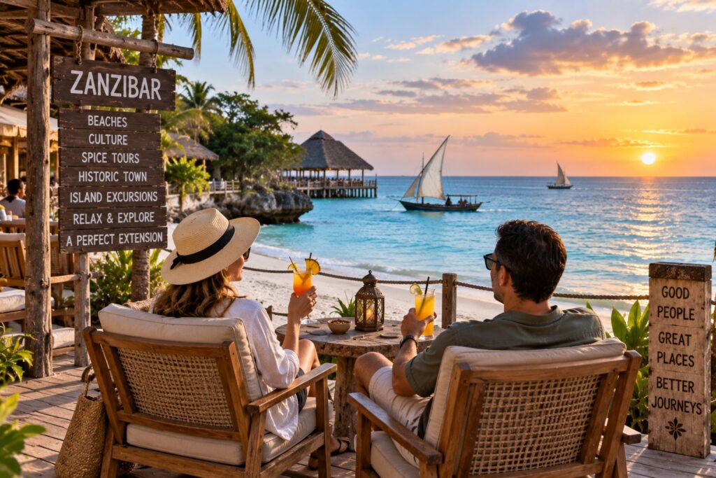 Travellers relaxing on Zanzibar beach after a Tanzania safari with dhow boats at sunset